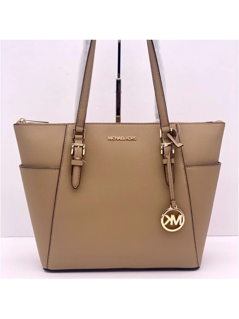 MICHAEL KORS CHARLOTTE LARGE TOP ZIP TOTE SHOULDER BAG CAMEL COLOR